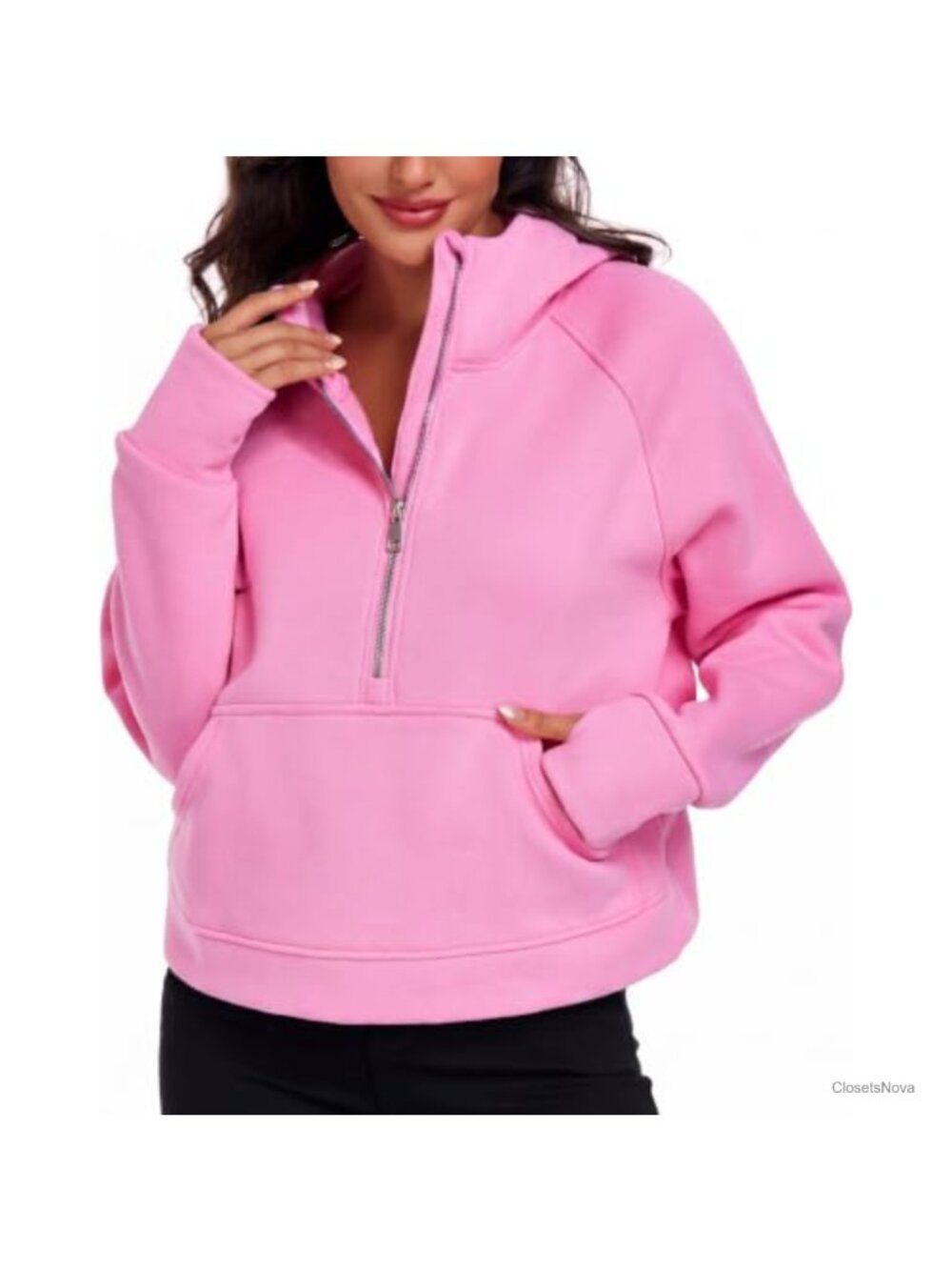 Oversized Half Zip Fleece Lined Hoodie Drop Shoulder Kangaroo Pocket